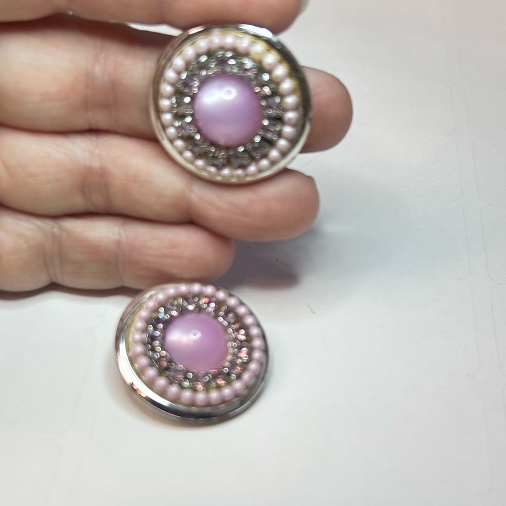 Costume jewelry Round clips on‎ earrings pink white pearls with rhinestones - Picture 5 of 10